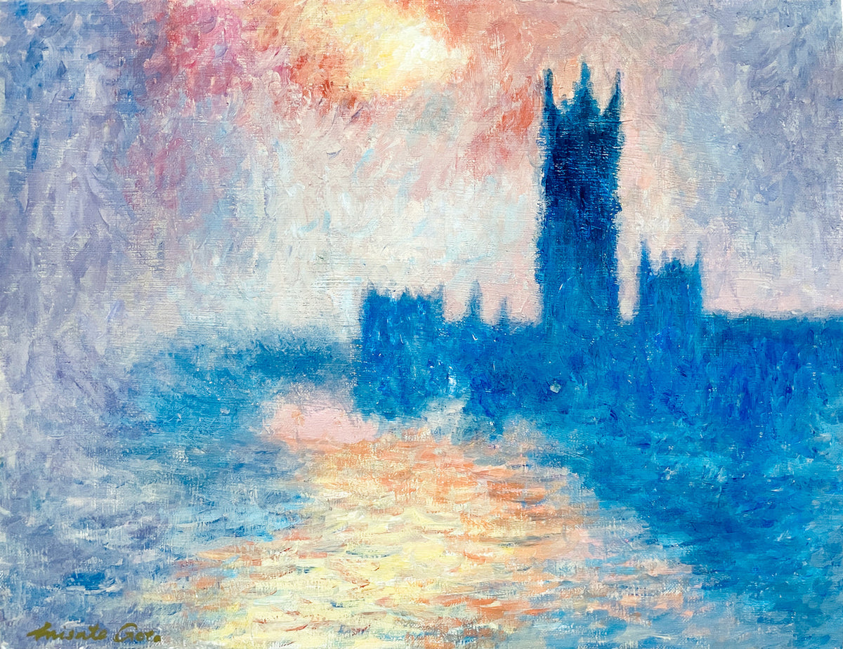 ヴィンテージ クロード・モネ ロンドン 国会議事堂 日没 油彩画 油絵 複製画 ヴィンテージ クロード・モネ ロンドン 国会議事堂 日没 油彩画